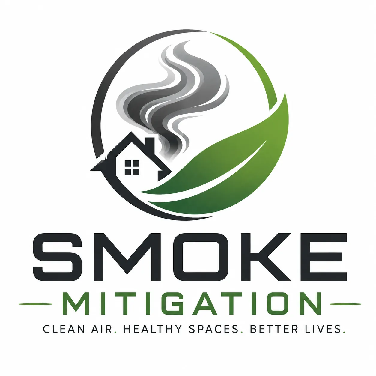 Smoke Mitigation logo — a house with rising smoke encircled by a green leaf. Clean air. Healthy spaces. Better lives.